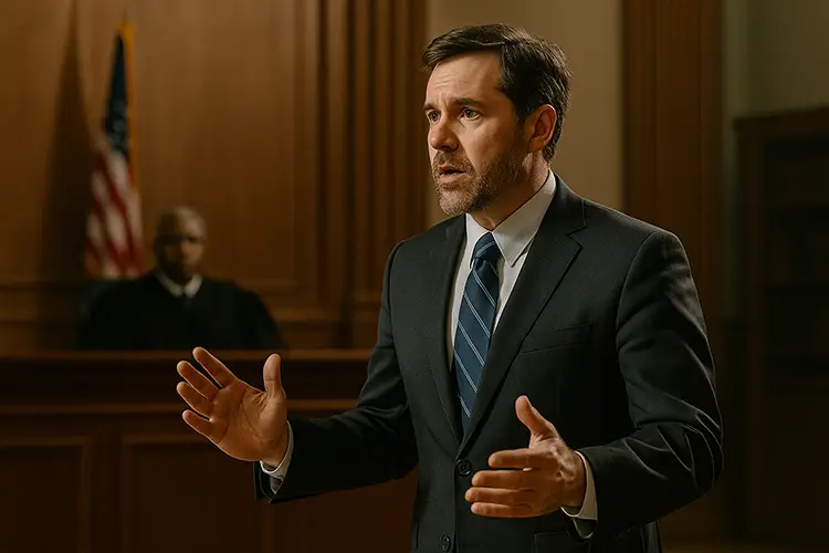 Defense attorney standing in a North Carolina courtroom.
