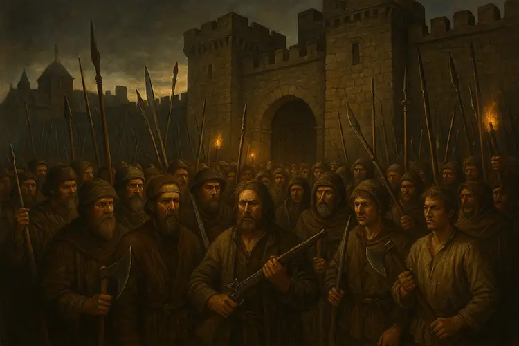 Armed citizens gathered before a fortified city gate