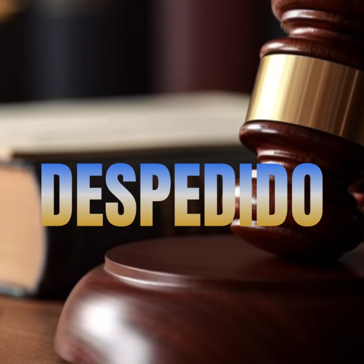 La palabra “DESPEDIDO” sobre un mazo judicial y un libro de leyes, simbolizando la desestimación de un caso penal.