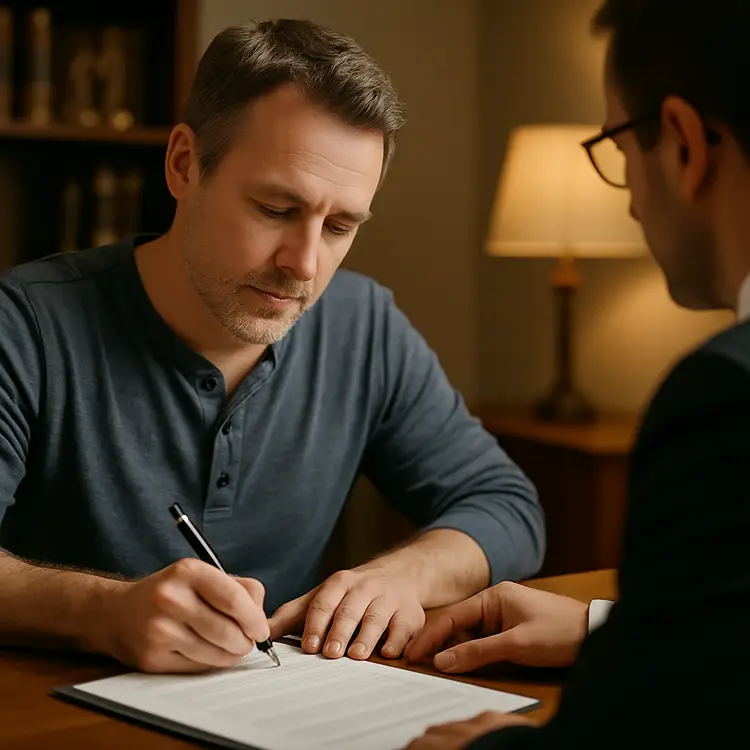 Middle-aged man signing legal documents with his attorney in a well-lit office.