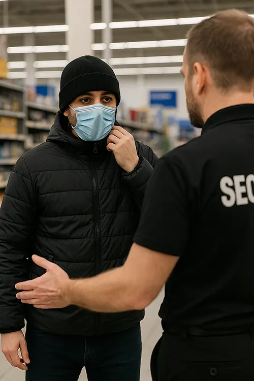 Security officer confronts masked man in a black coat and beanie inside a brightly lit retail store